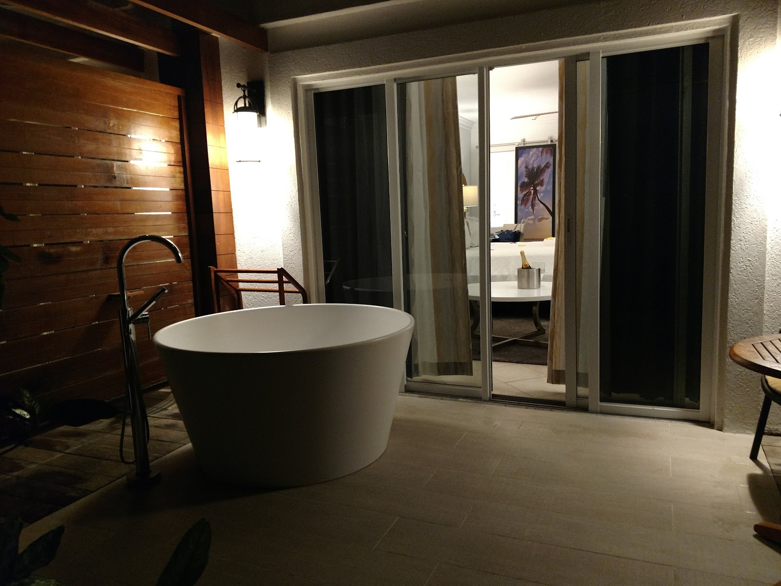 Modern resort bathroom with a freestanding white soaking tub, dark wood accent wall, and glass doors opening to the bedroom beyond.