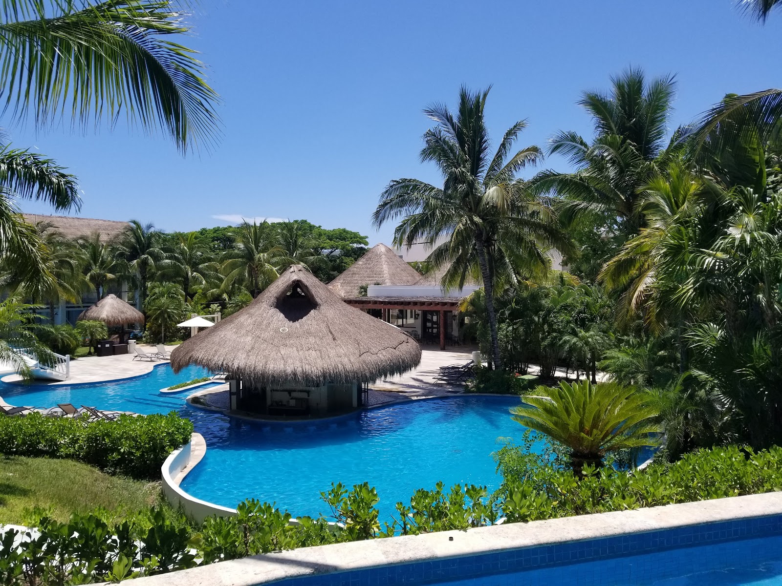 Turquoise pool with thatched-roof palapa bar surrounded by palm trees and manicured landscaping at Secrets Aura Cozumel.