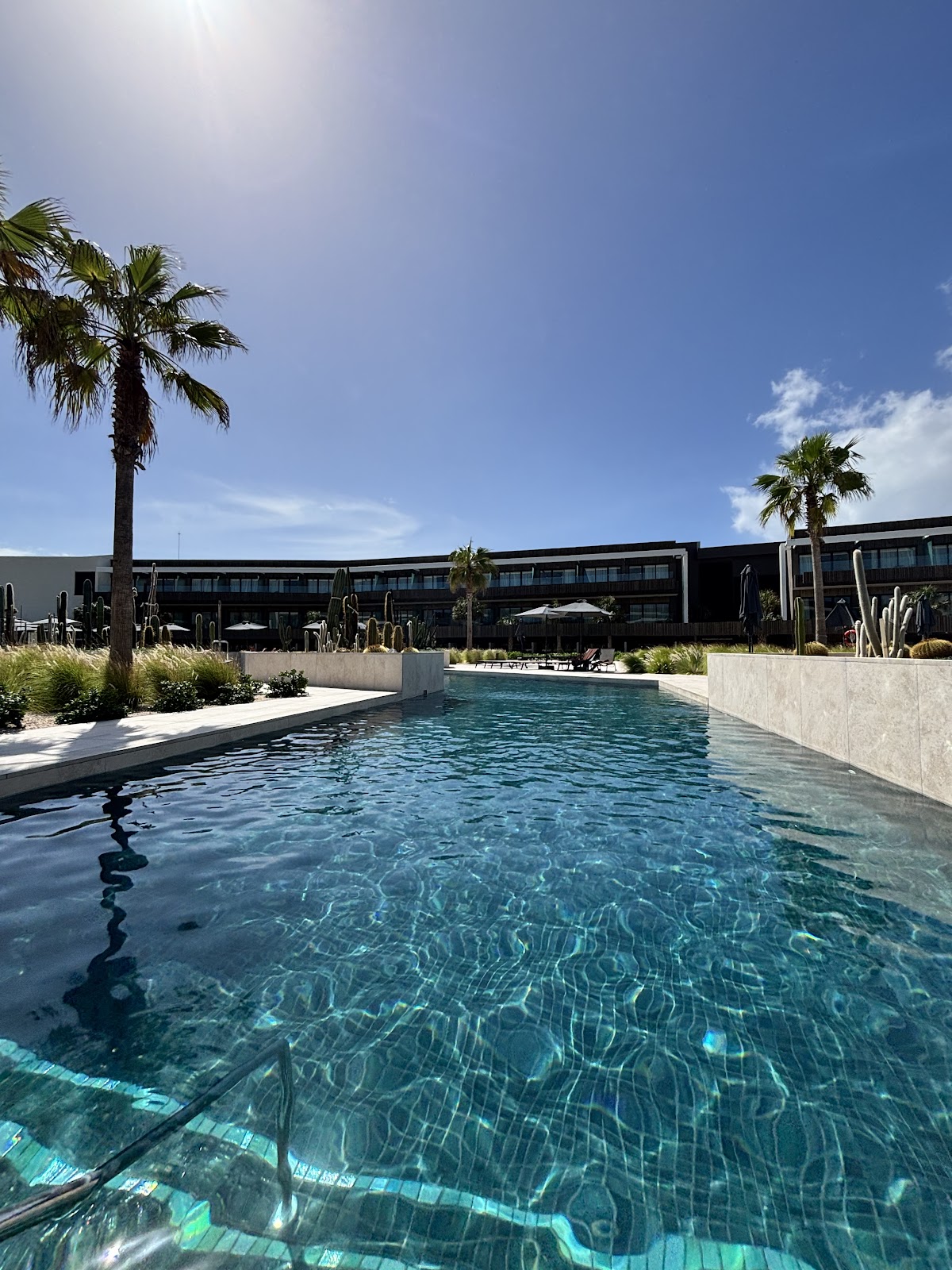 Swimming pool with clear turquoise water at Secrets Baby Beach Aruba, flanked by palm trees and modern black resort buildings under blue sky.