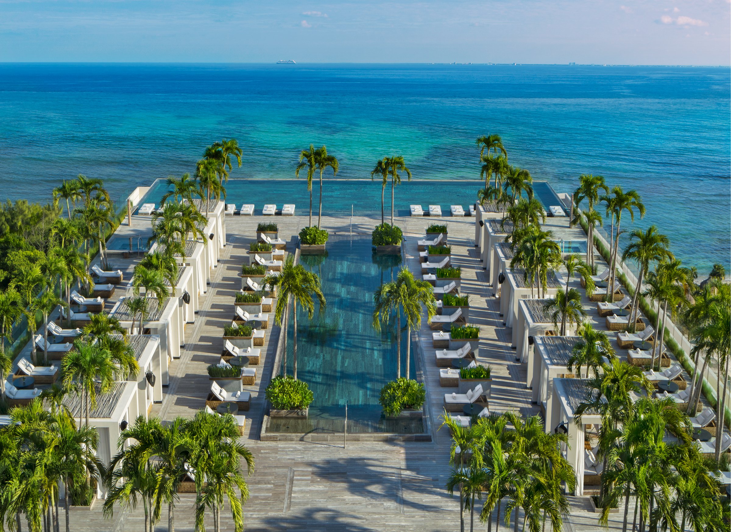 High-angle view of the long rooftop infinity pool lined with palm trees and loungers, merging into the ocean.