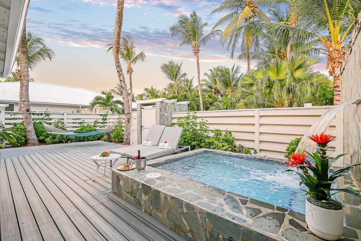 Private plunge pool on a wooden deck surrounded by palm trees, lounge chairs, and red flowers at Serenity at Coconut Bay.