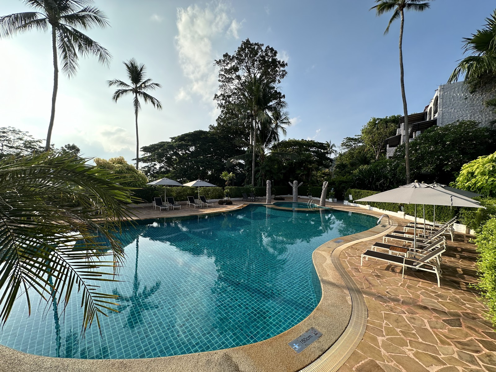 Resort pool with teal water, lounge chairs, white umbrellas, and palm trees surrounding the curved deck at Sheraton Samui Resort.