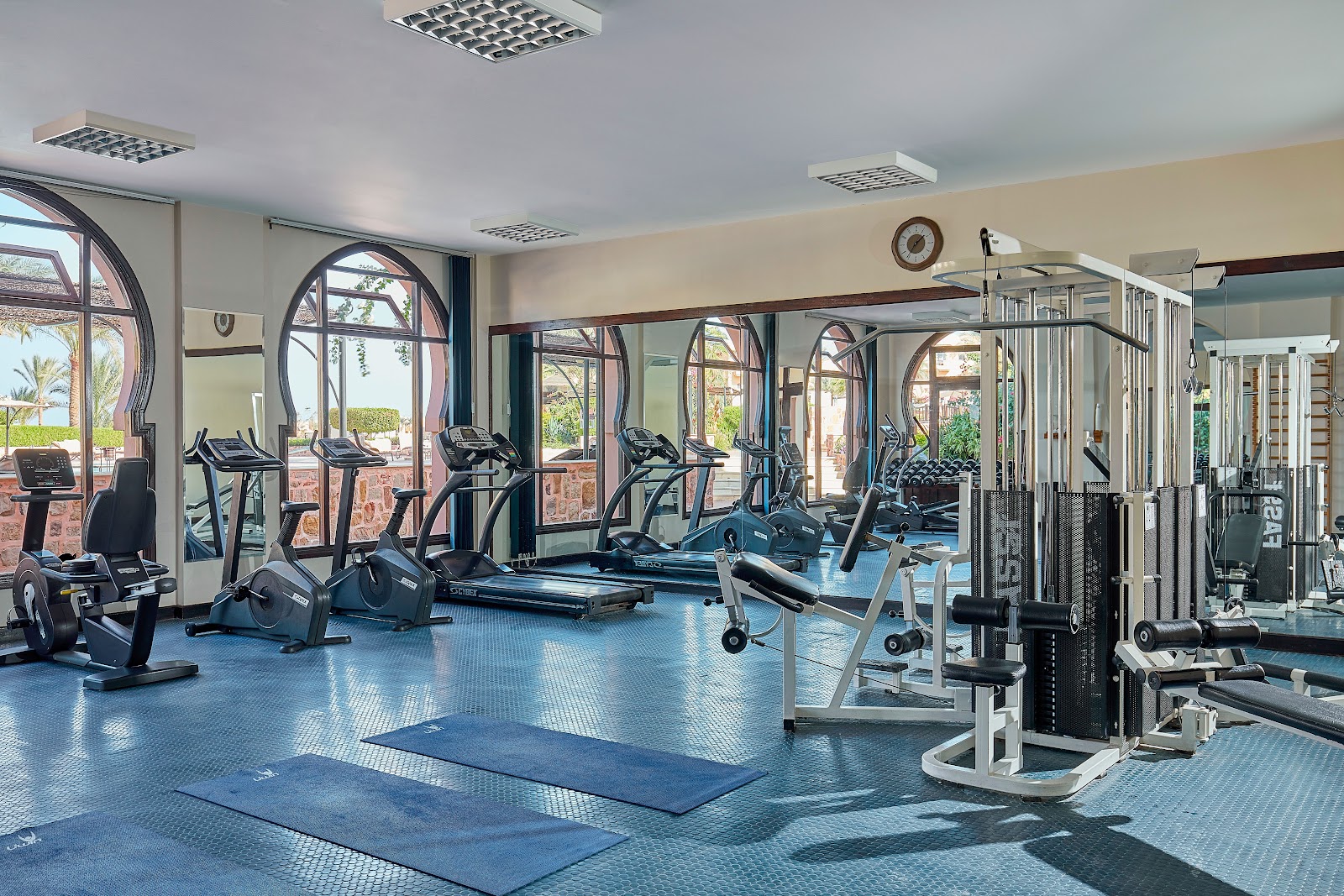 Steigenberger Coraya Beach fitness center with cardio machines, weight equipment, and arched windows overlooking the grounds.