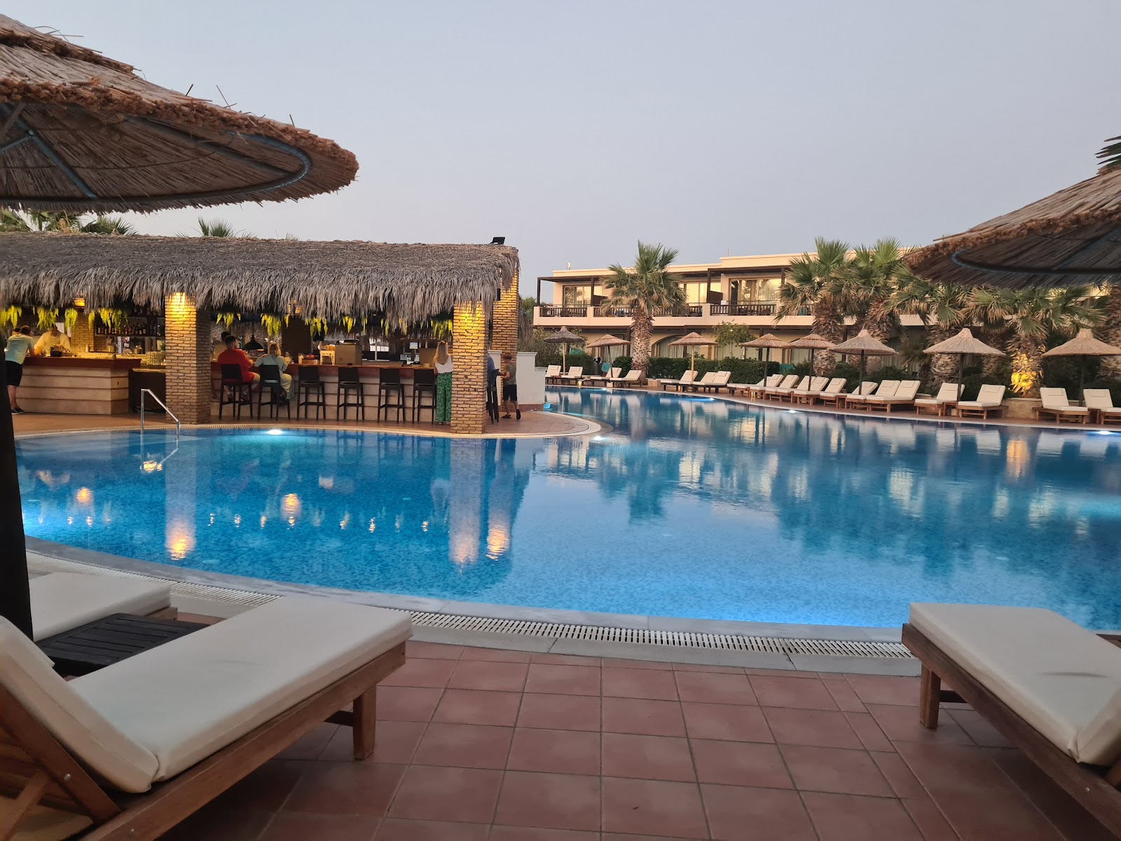 Large blue pool with thatched-roof bar, lounge chairs, palm trees, and multi-story hotel building at Stella Palace.