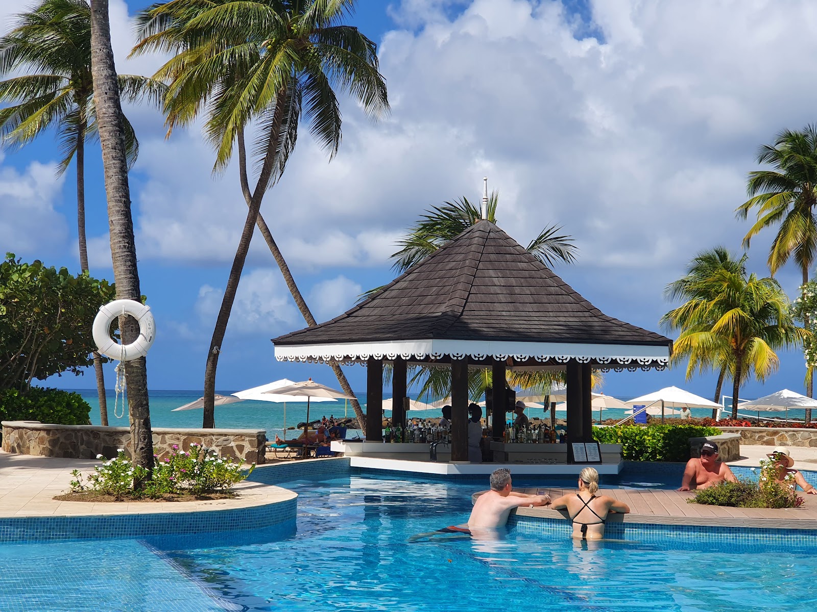 Guests swim in a curved pool with a black gazebo, palm trees, and turquoise ocean visible beyond the beach at StolenTime by Rendezvous.