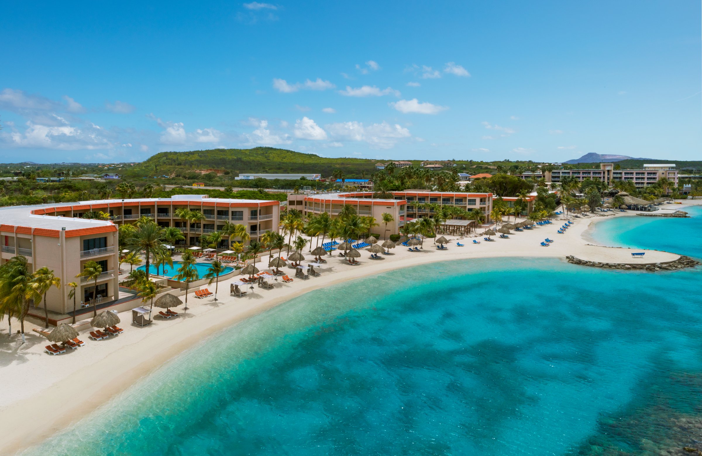 Aerial view of the beach and guest buildings