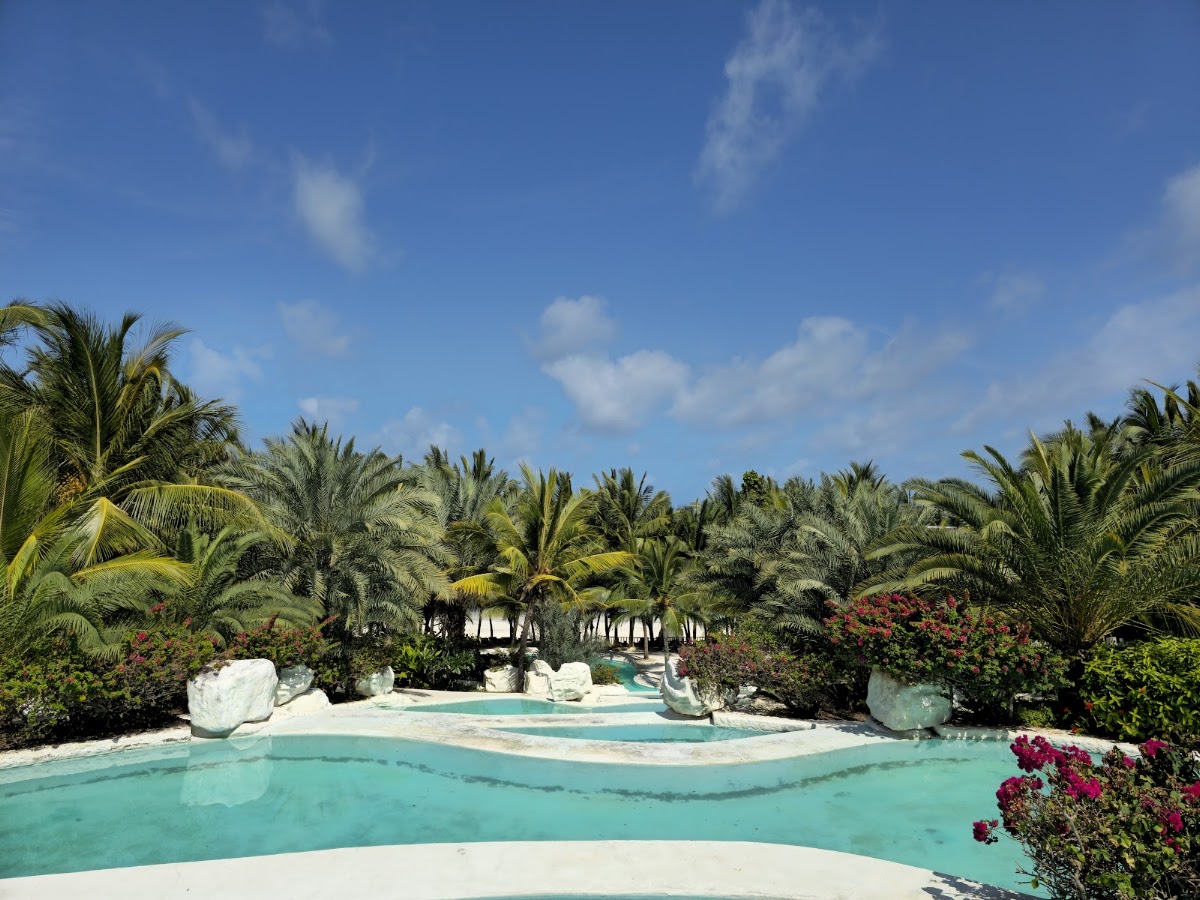 Turquoise lagoon-style pool winds through palm trees and pink flowering shrubs at Swahili Beach Resort.