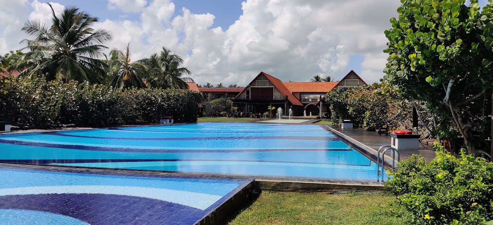 Large resort pool with blue water and lane dividers, flanked by tropical vegetation and palm trees, with a dark-roofed building visible beyond.