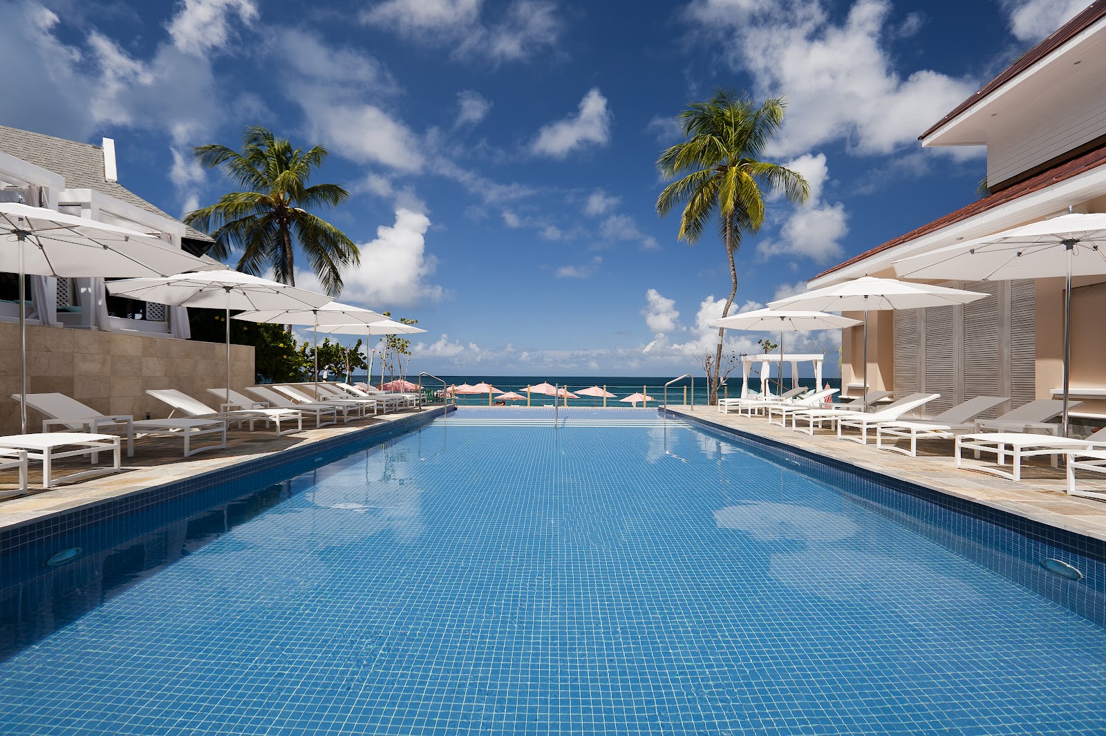 Long rectangular pool with white lounge chairs and umbrellas on either side, ocean and palm trees visible beyond at The BodyHoliday.