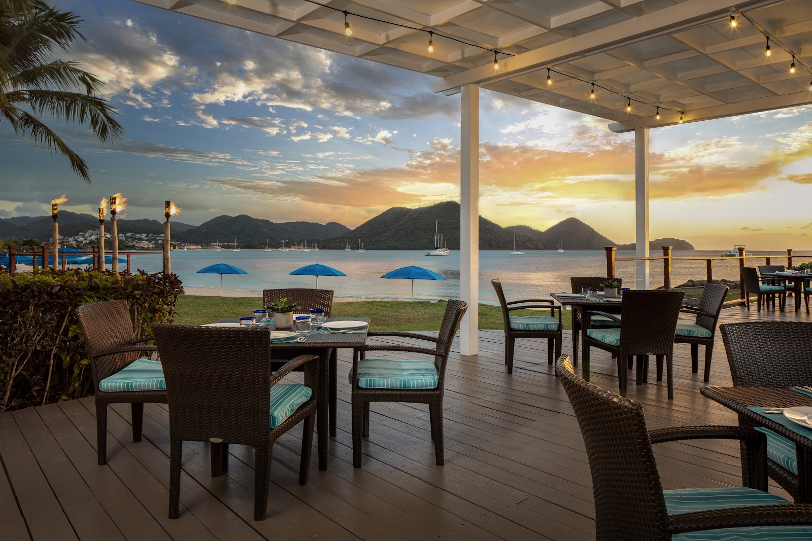 Three tropical cocktails with lime, carambola, and fruit garnishes against a blue ocean and island backdrop.