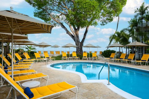 Yellow loungers line the pool deck at Treasure Beach Art Hotel, with blue water, shaded umbrellas, and a large tree providing natural shelter.