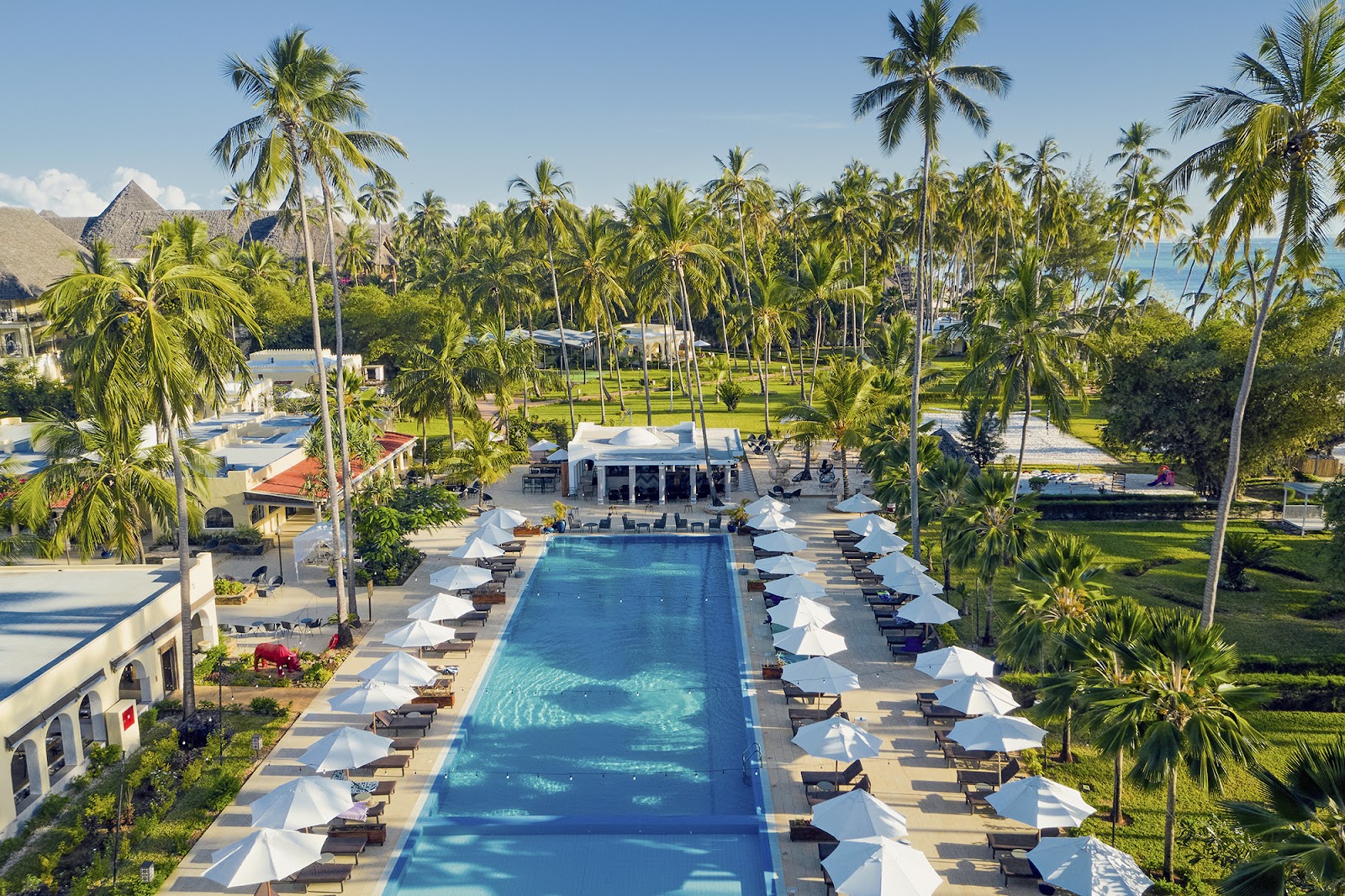 Aerial view of a long resort pool lined with white umbrellas and lounge chairs, surrounded by palm trees and manicured lawns at TUI BLUE Bahari Zanzibar.