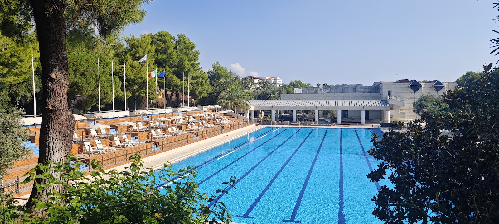 Olympic-size lap pool with lane dividers, wooden lounge chairs on deck, and resort building beyond, surrounded by Mediterranean vegetation.