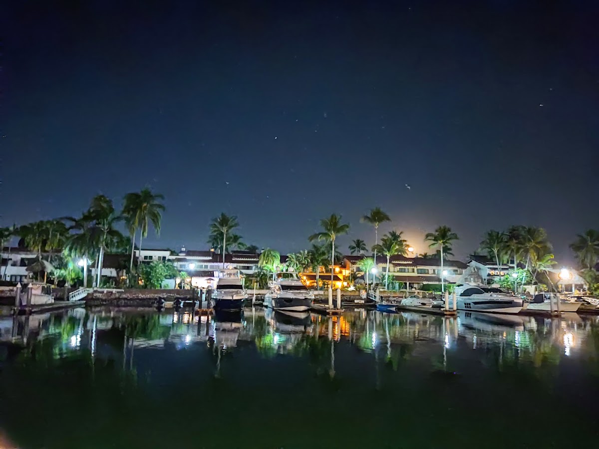 Waterfront marina at night with docked boats, palm trees, and resort buildings lit up along the shore.