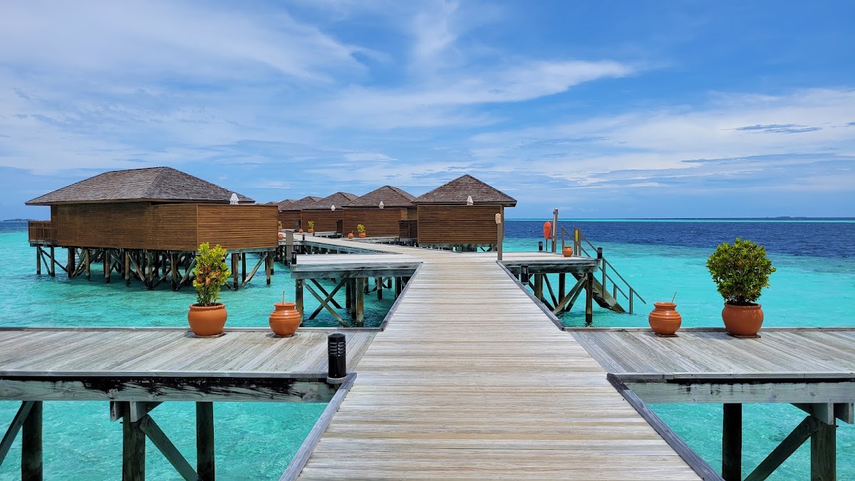 Wooden boardwalk lined with potted plants leading to overwater bungalows at Vilamendhoo Island Resort & Spa surrounded by turquoise lagoon.