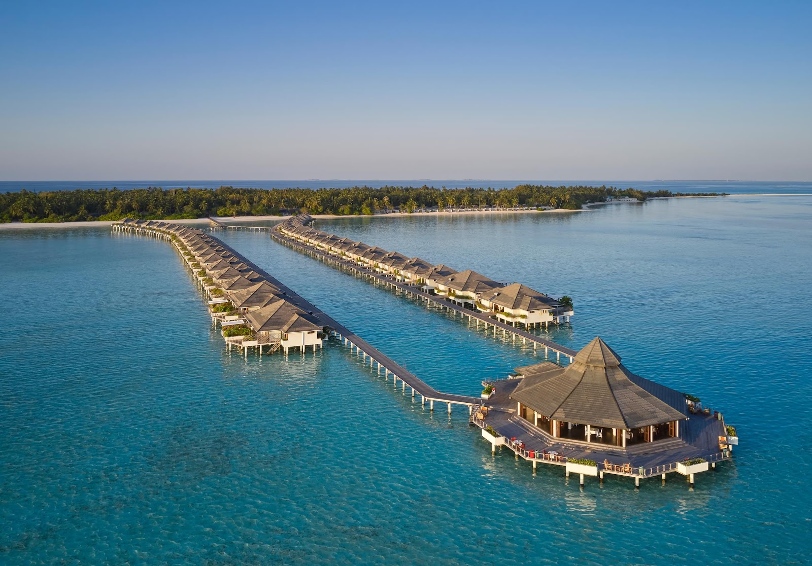 Narrow teal-tiled pool lined with palm trees and tropical vegetation, with beach visible in the distance under clear sky.