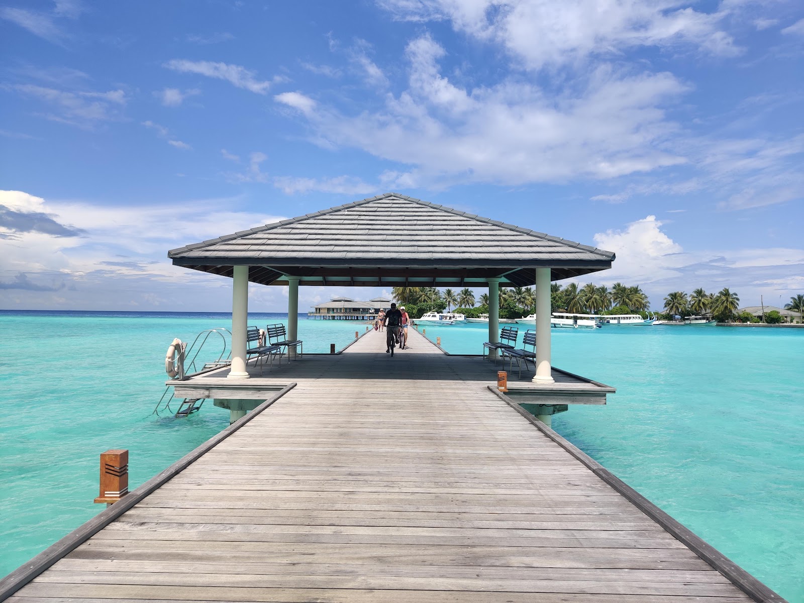 Overwater bungalows with dark roofs line a wooden pier extending into turquoise lagoon water at Villa Park, Maldives, with palm trees visible on the distant shore.