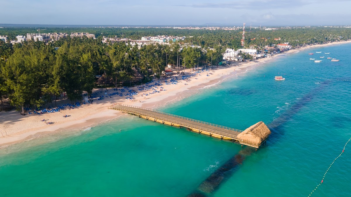 Aerial view of Vista Sol Punta Cana Beach Resort & Spa's sandy beach with turquoise water, wooden pier, and palm trees lining the shore.