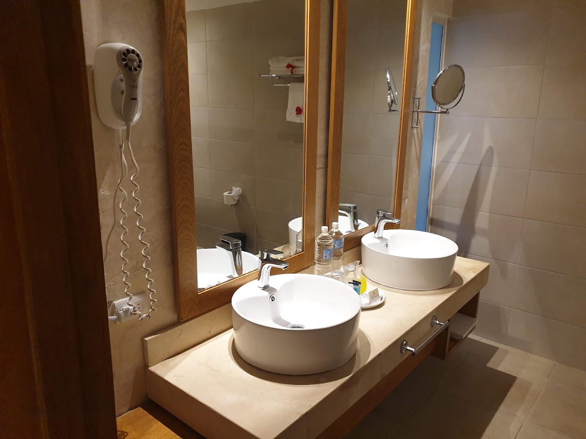 Modern bathroom with dual round white vessel sinks, large mirror, heated towel rack, and glass shower enclosure.