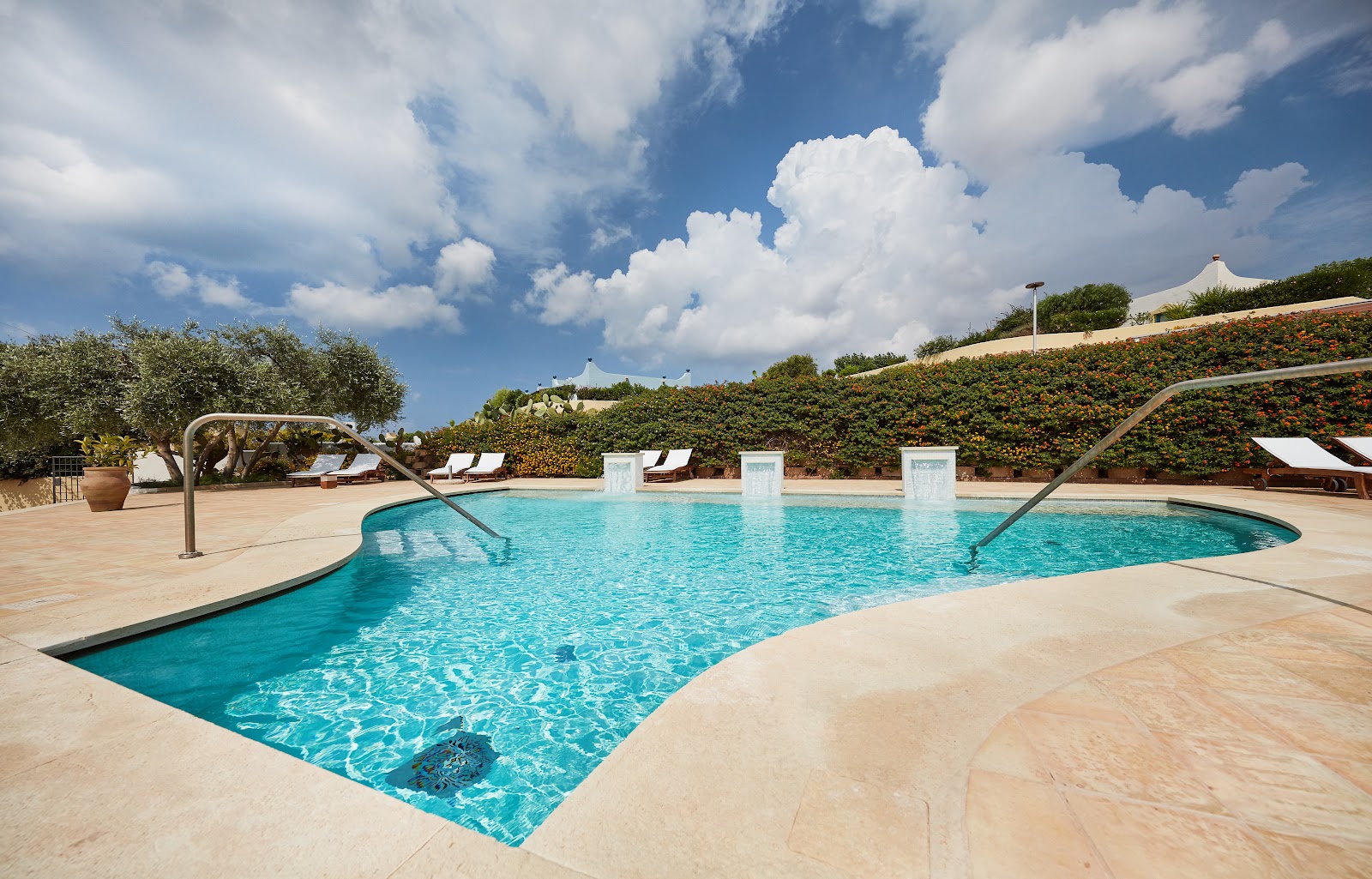 Curved turquoise pool with dual entry ramps, surrounded by cream stone decking, lounge chairs, olive trees, and ivy-covered hillside under blue sky.