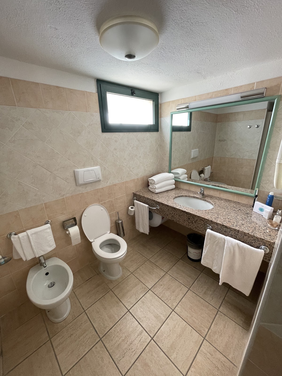Bathroom with beige tile walls and floor, double sink vanity with mirror, toilet, bidet, and white towels hanging on racks.