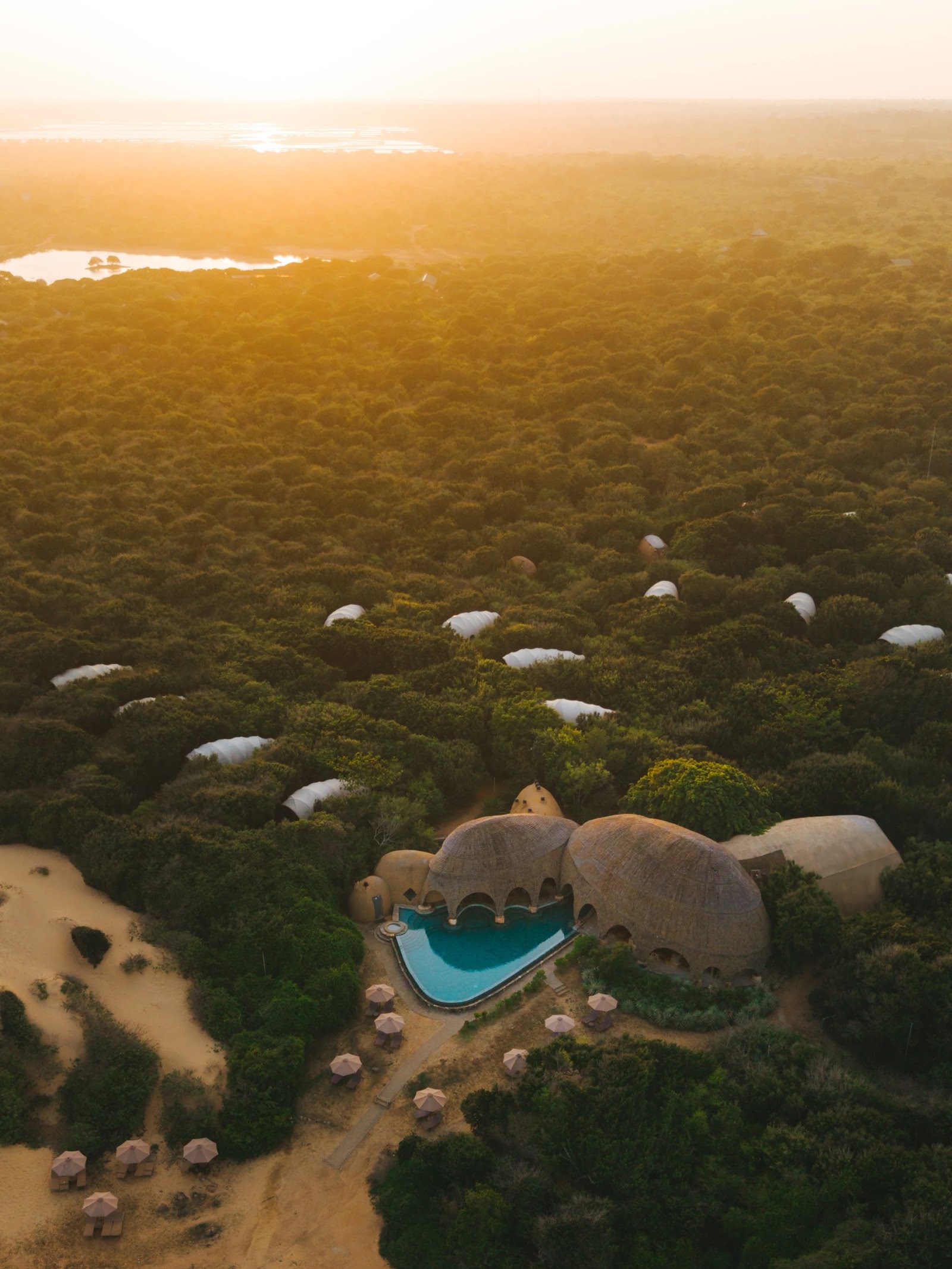 Bonfire glows on a sandy beach at dusk with wind-shaped trees, boulders, and the ocean beyond at Wild Coast Tented Lodge.