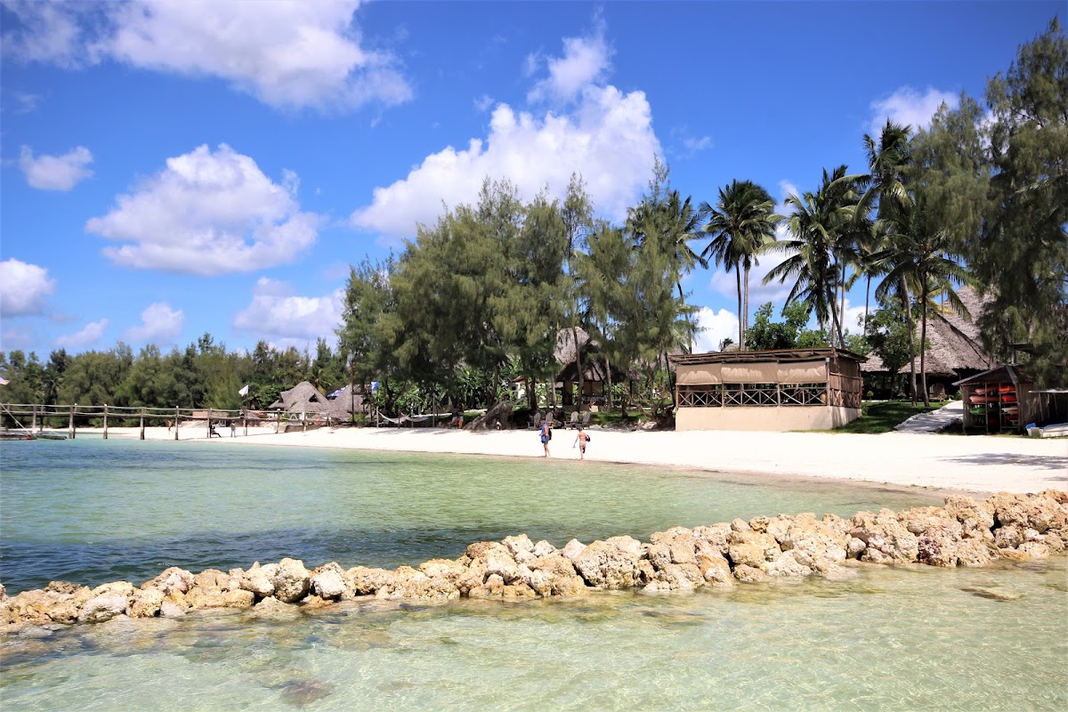 Zanzibar Bay Resort & Spa beach with shallow turquoise water, sandy shore, palm trees, and wooden structures under blue sky.
