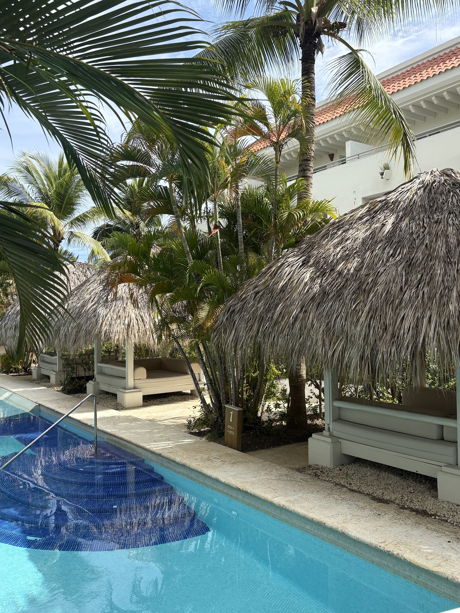 Paddleboards floating in a turquoise pool at Zel Punta Cana with palm trees and thatched-roof buildings visible beyond.