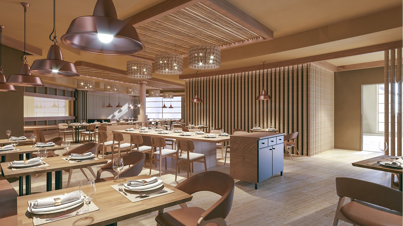 Modern lobby with wooden ceiling beams, central white circular desk, potted plants in terracotta urns, and light wood flooring at Zel Punta Cana.