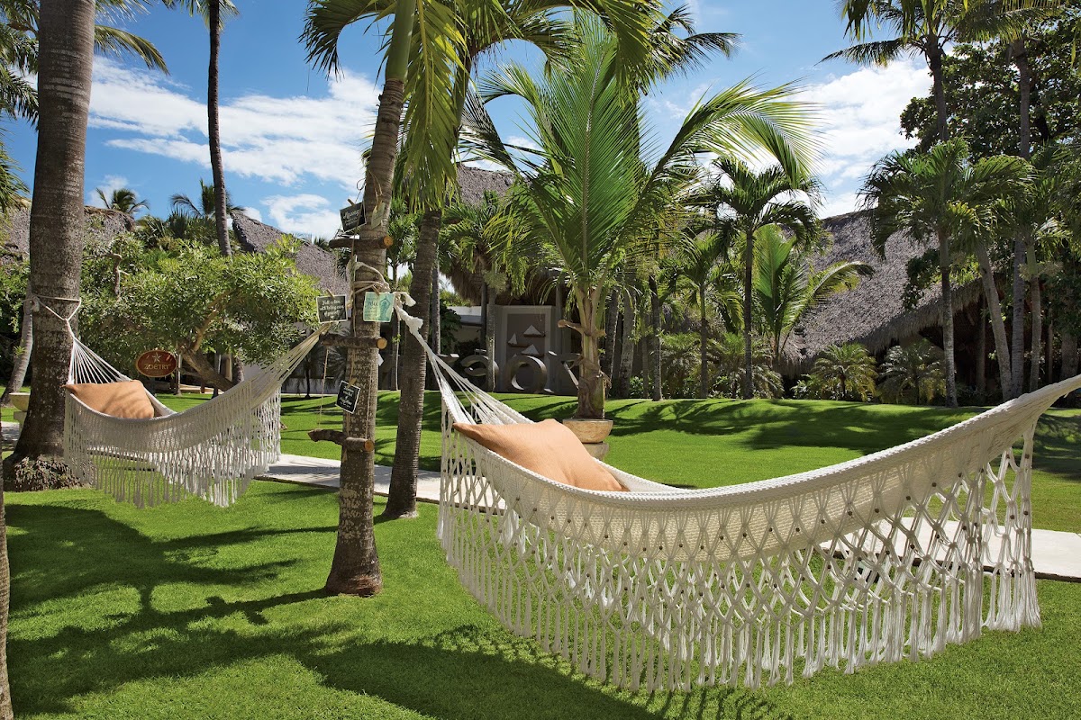 White fringed hammocks strung between palm trees on a manicured lawn, with thatched-roof structures and rocky mountains visible in the background.